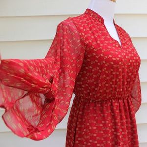 Charming Charlie Red and Gold Dragon Fly Print Boho Dress with Flowy Sleeves